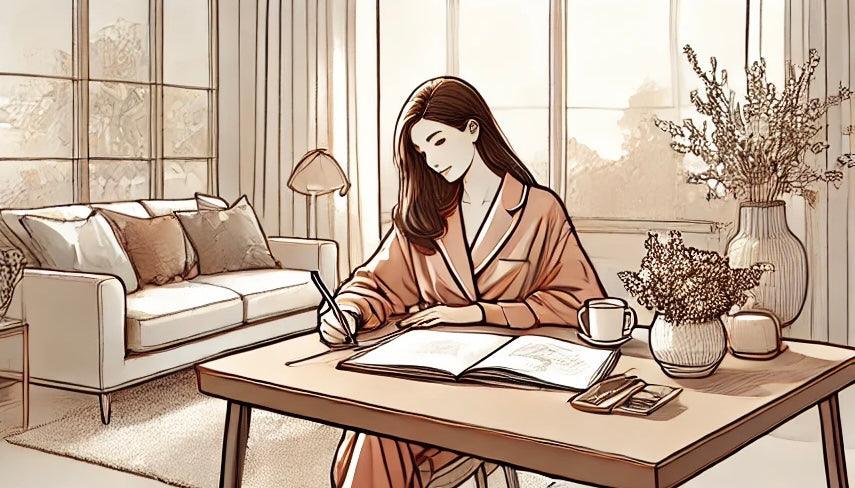 A woman is sitting on a chair and writing something, wearing elegant SHIS loungewear and enjoying the beautiful hometime.