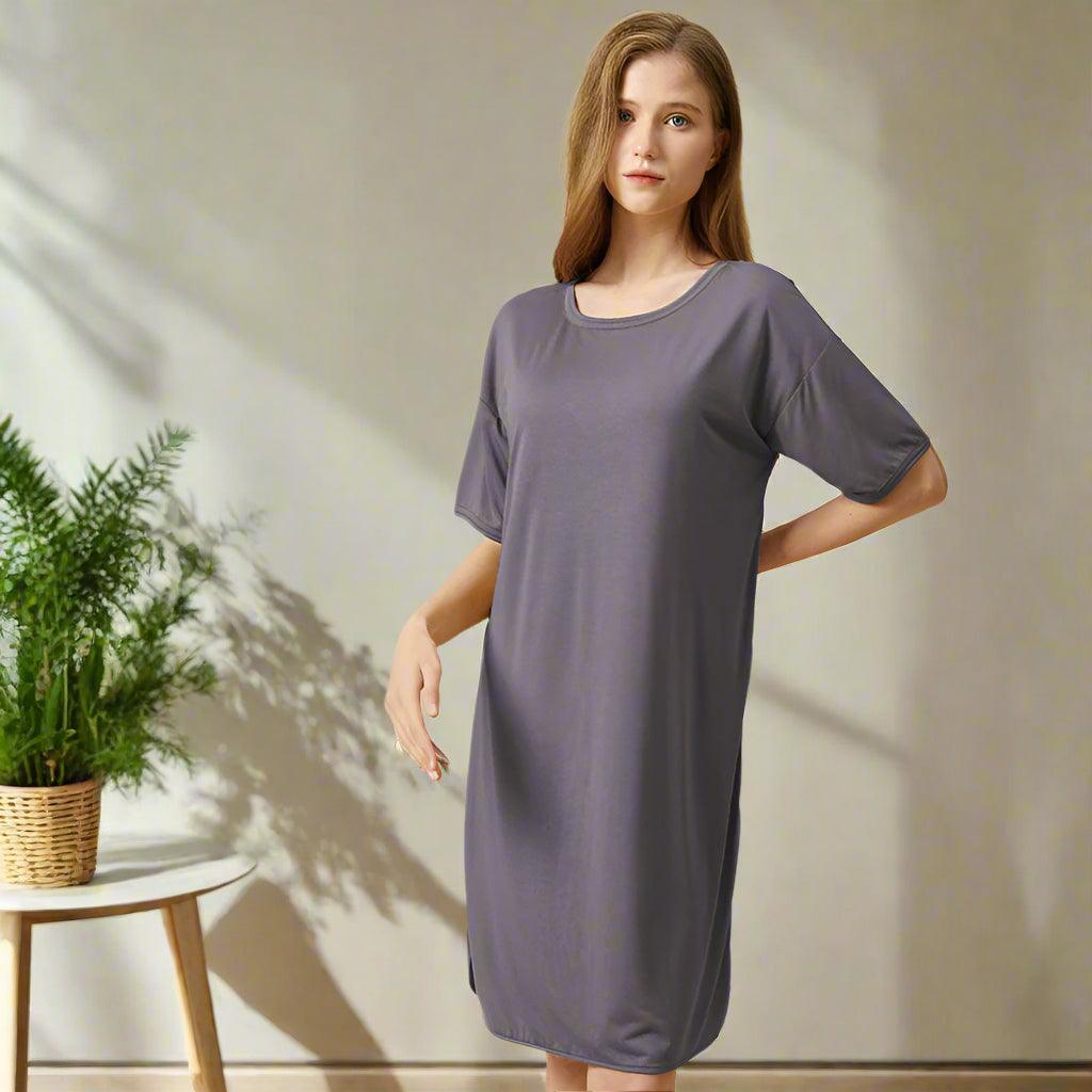 A Gray Short Sleeve Nightgown with breathable 3D cups, offering comfort and style for casual wear or a relaxed day