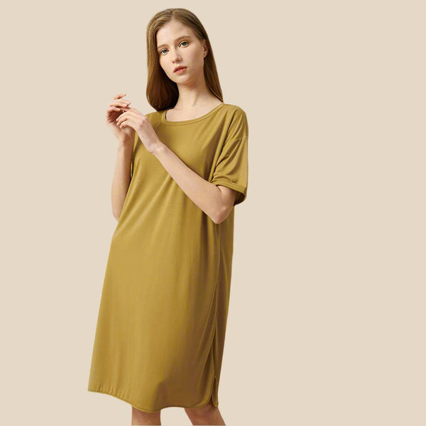 A Olive Short Sleeve Nightgown with breathable 3D cups, offering comfort and style for casual wear or a relaxed day