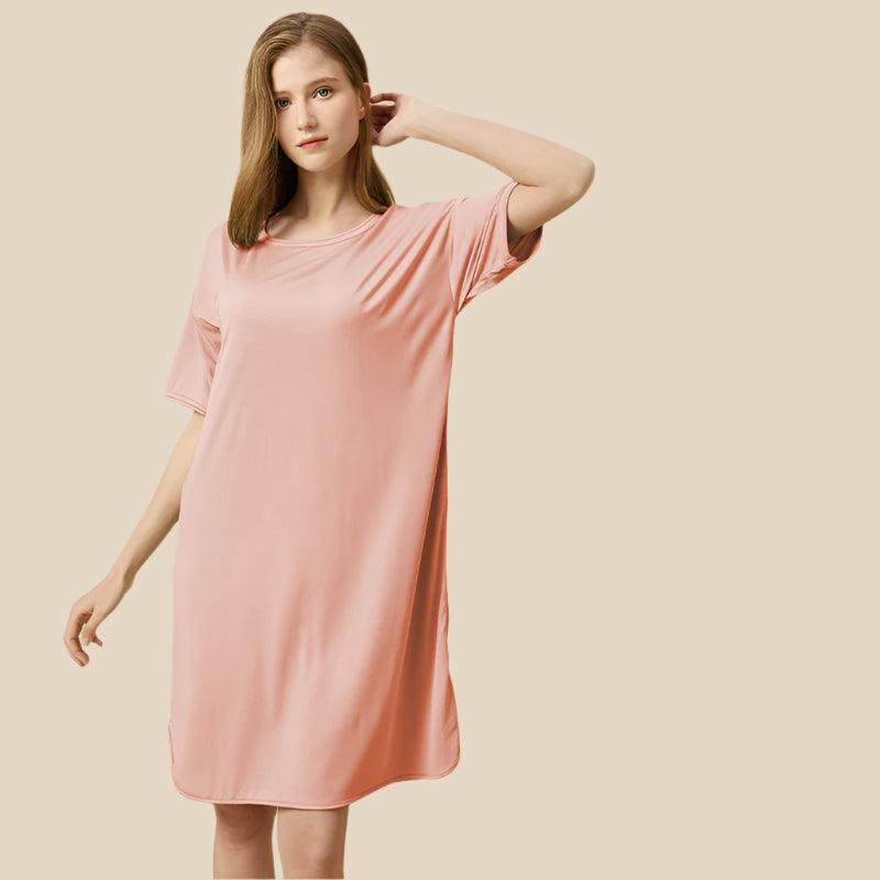 A Pink Short Sleeve Nightgown with breathable 3D cups, offering comfort and style for casual wear or a relaxed day