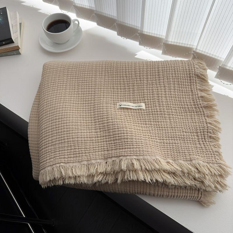 Beige Lightweight Simple Cotton Blanket, soft and breathable cotton fabric perfect for summer relaxation