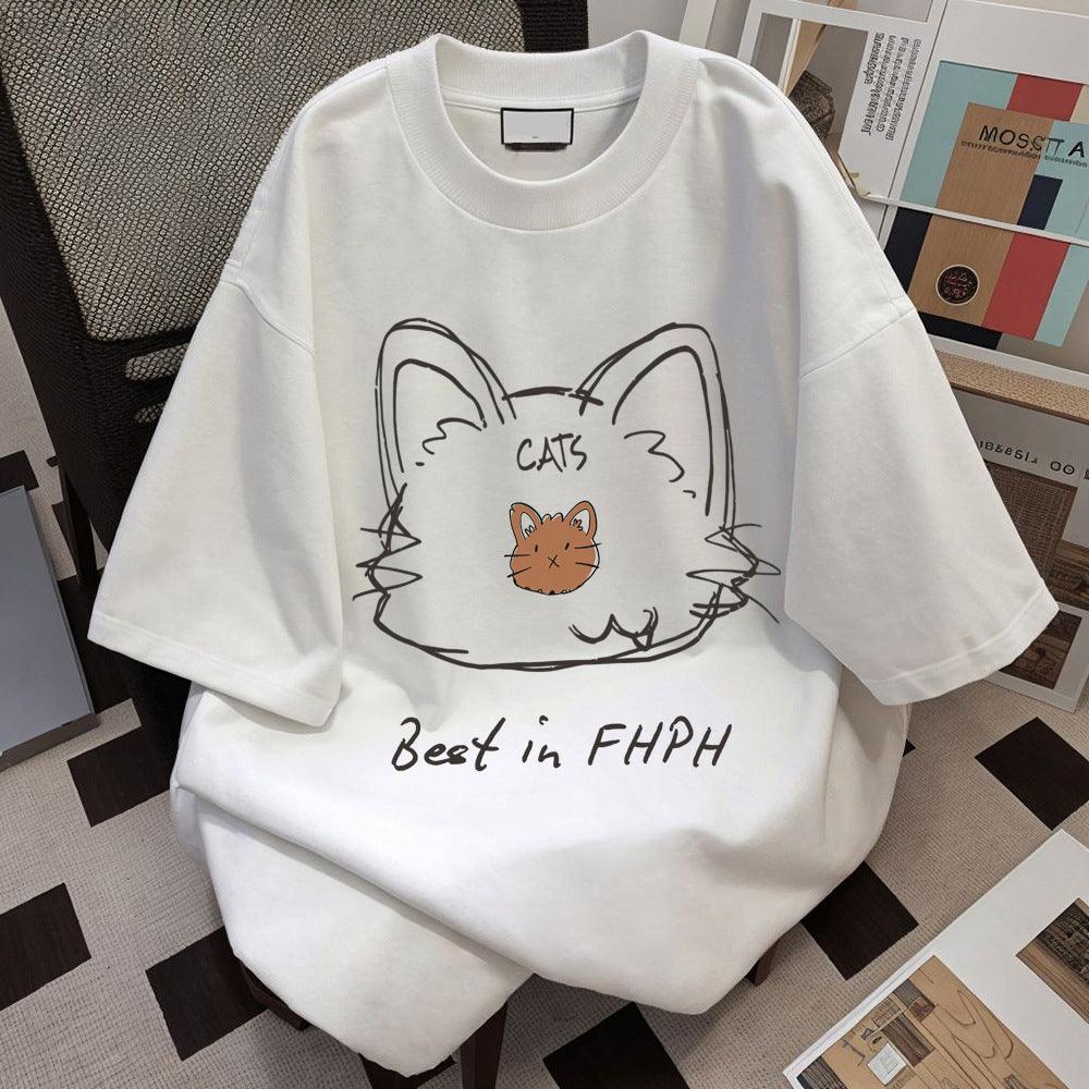 Cotton T-Shirt with Artistic Sketch Cat Design – Soft, minimalist, and stylish for casual wear