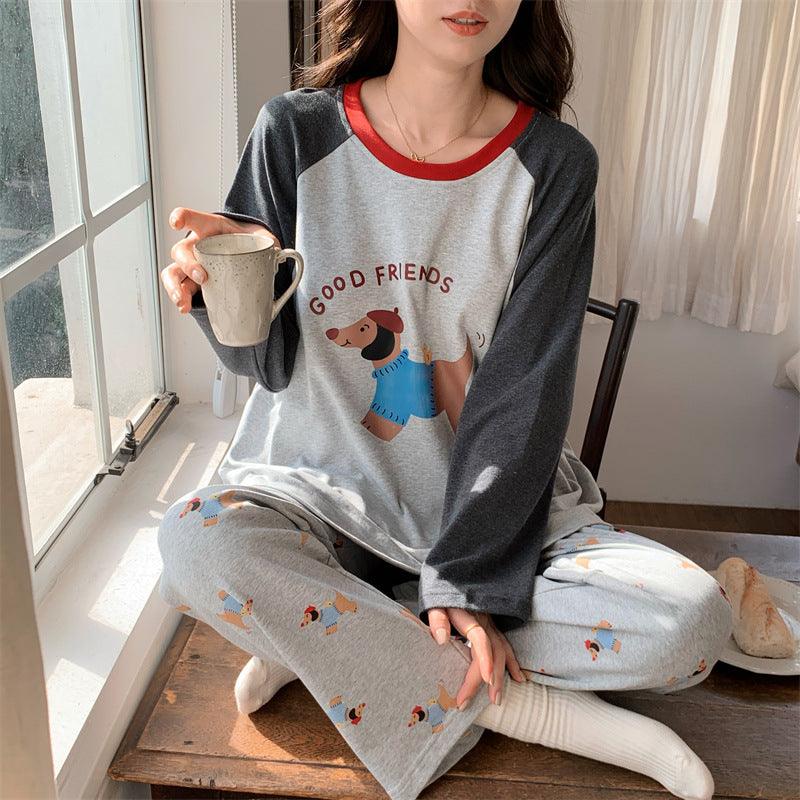 Spring/Fall Long-Sleeve Cartoon Loungewear Set – Puppy Diary, featuring playful puppy cartoon prints for cozy and cheerful loungewear