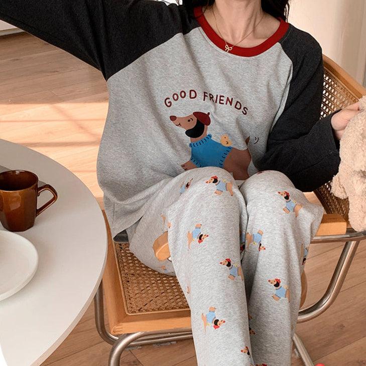 Spring/Fall Long-Sleeve Cartoon Loungewear Set – Puppy Diary, featuring playful puppy cartoon prints for cozy and cheerful loungewear