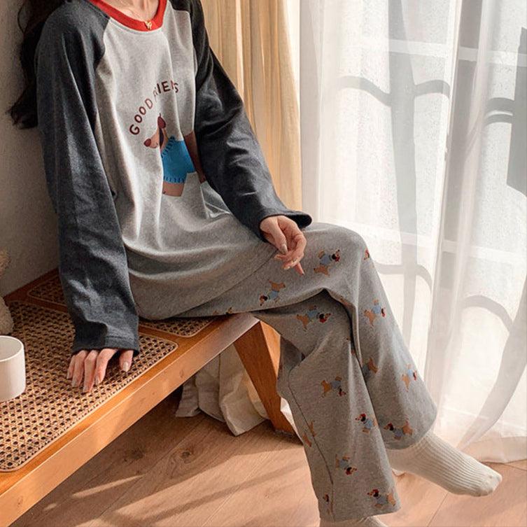 Spring/Fall Long-Sleeve Cartoon Loungewear Set – Puppy Diary, featuring playful puppy cartoon prints for cozy and cheerful loungewear