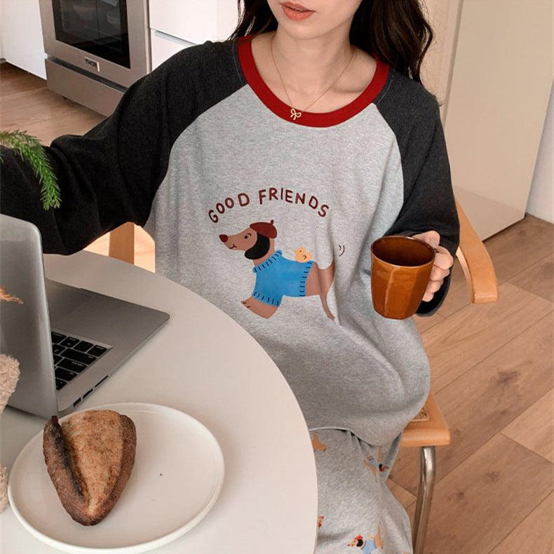 Spring/Fall Long-Sleeve Cartoon Loungewear Set – Puppy Diary, featuring playful puppy cartoon prints for cozy and cheerful loungewear