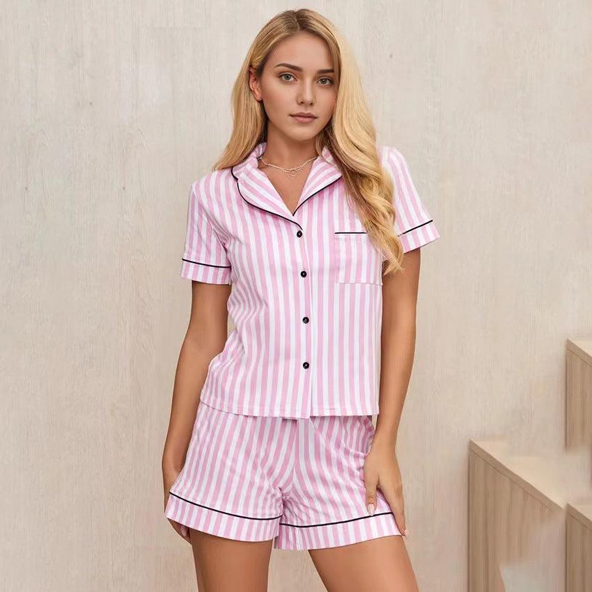 Summer Pink Striped Short Loungewear Set with Quick-Dry Fabric, offering lightweight, breathable comfort and a vibrant design for casual wear and lounging