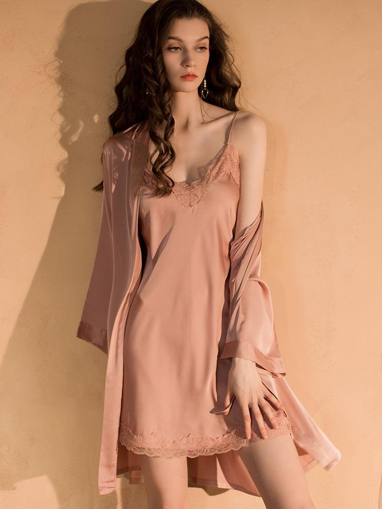 Sensual Silk Cami Nightgown and Robe Set – Whispers of Roses, featuring luxurious silk and delicate rose accents for an elegant, seductive look and feel.