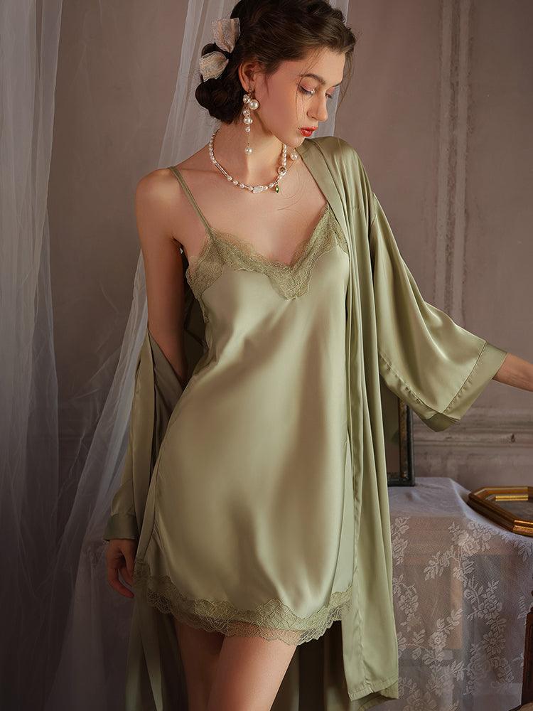 Sensual Silk Cami Nightgown and Robe Set – Whispers of Roses, featuring luxurious silk and delicate rose accents for an elegant, seductive look and feel.