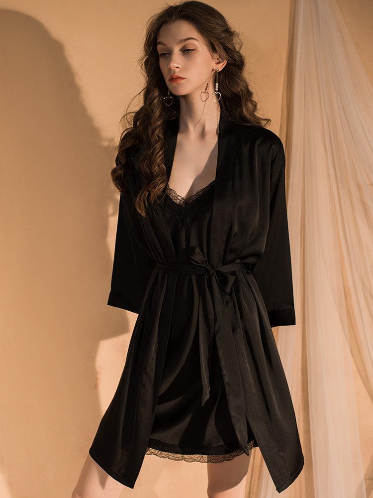 Sensual Silk Cami Nightgown and Robe Set – Whispers of Roses, featuring luxurious silk and delicate rose accents for an elegant, seductive look and feel.