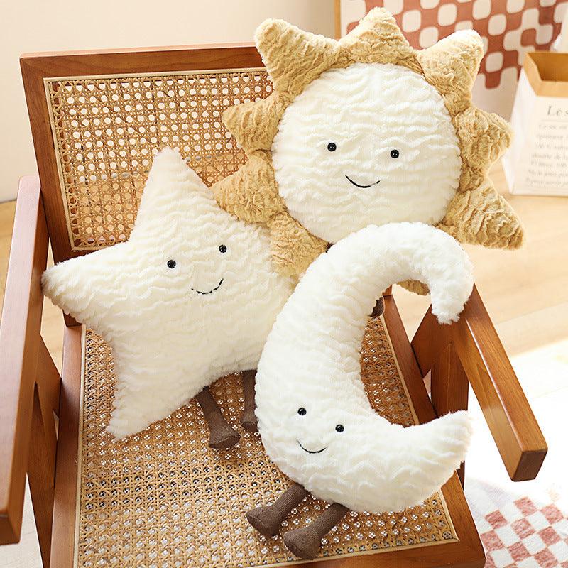 Elegant celestial-inspired pillow, featuring star, moon, and sun designs.